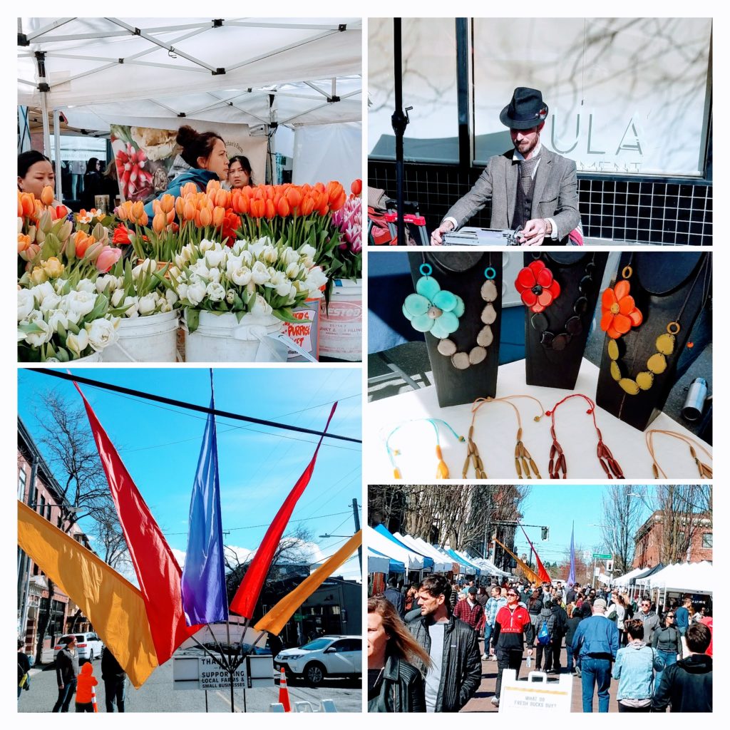 Photo collage of various scenes at Ballard Farmers Market.