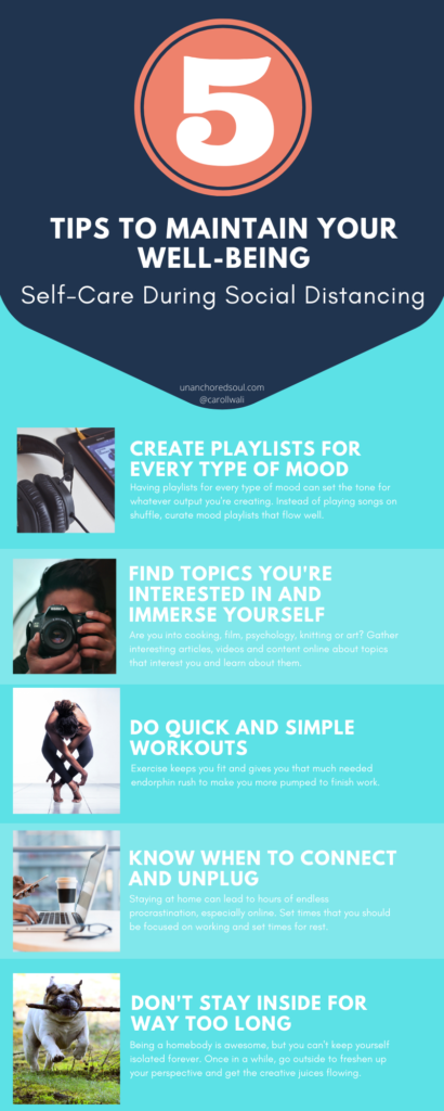 Social distancing selfcare infographic. Here are some tips on how to find balance and practice self-care.